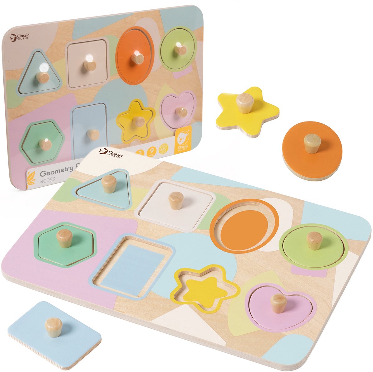 Formes de puzzle à tenons en bois du monde classique, 8 pièces.