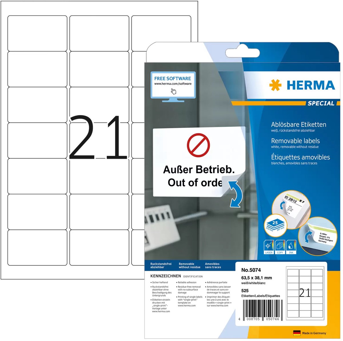 Étiquettes herma sans marque sans marque blanches 63,5x38,1 superimpression amovible 525 pcs.
