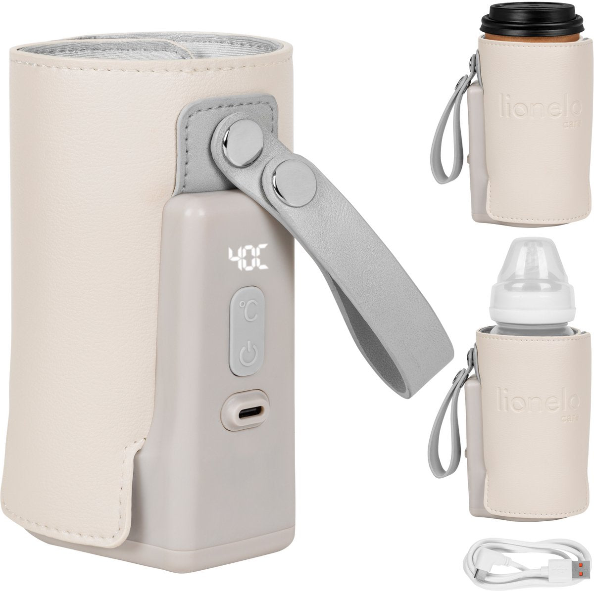 Chauffe-biberon portable Lionelo thermup go plus - batterie 3000 mAh - jusqu'à 8 heures d'utilisation sans fil - 5 réglages de température 38-50°C - rechargeable USB-C - thermostat contre la surchauffe - pour biberons 52-70 mm - sans BPA
