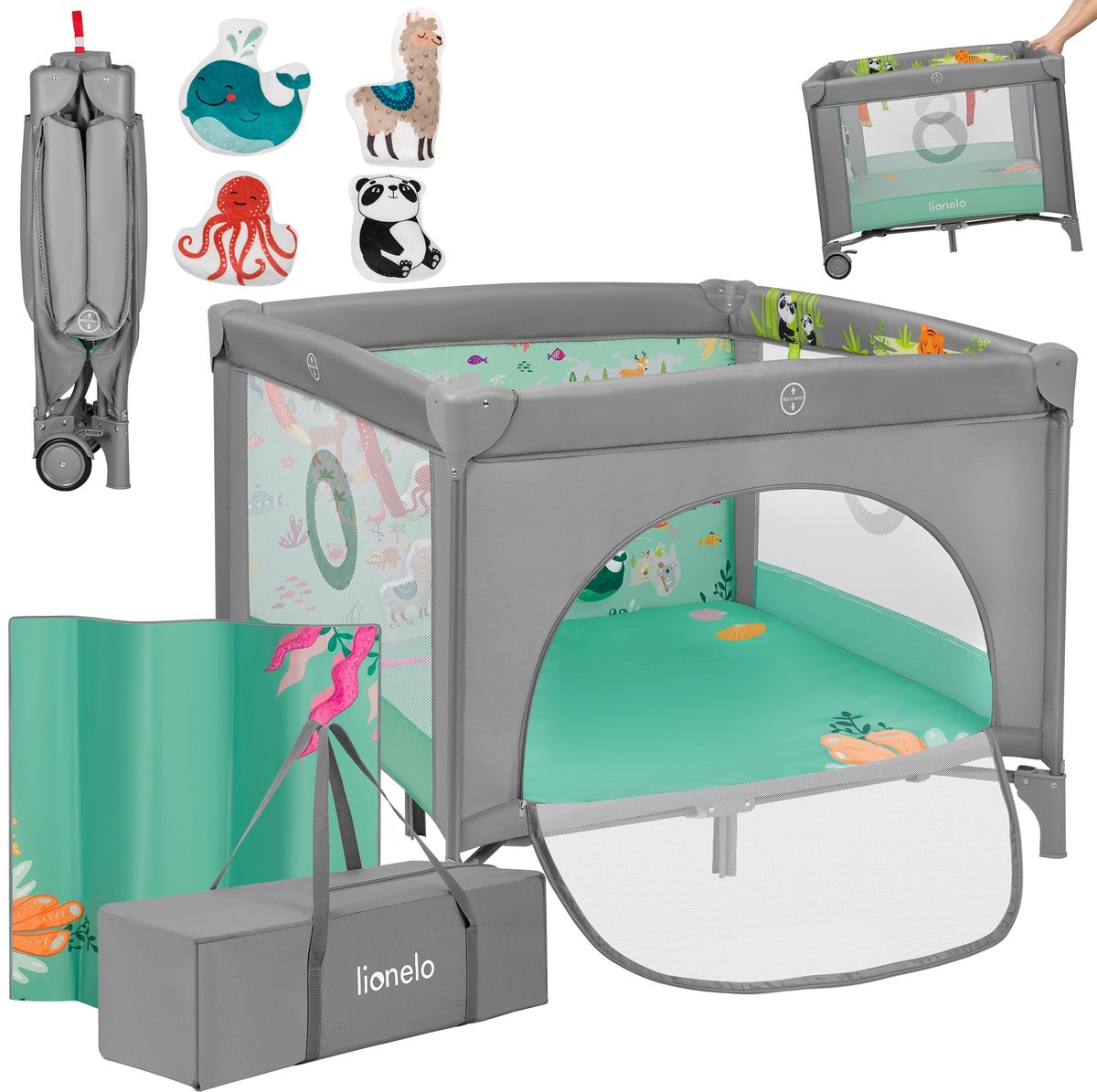 Parc Lionelo mille plus 0-36 mois – parc bébé avec matelas en mousse T25, jouets éducatifs, poignées pour apprendre à se tenir debout, mobile pliable, porte latérale avec fermeture éclair – parc pour la maison et les voyages