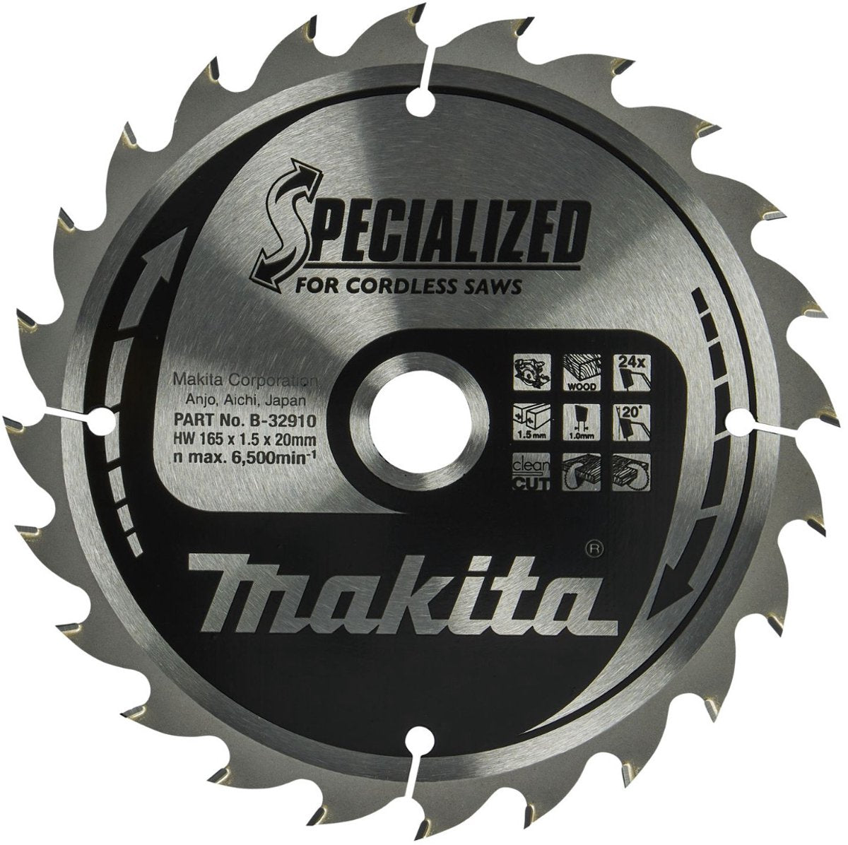 Accessoires Makita lame de scie circulaire bois 165x20x1,5 24t 20g - b-32910