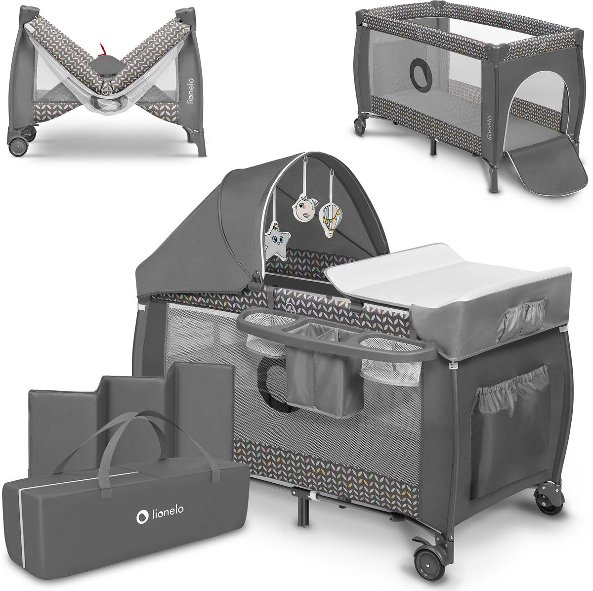 Lit de camping évolutif Lionelo sven plus 2en1 - 127x60 cm - jusqu'à 15 kg - cododo - lit de voyage avec table à langer, organiseur, moustiquaire et jouets interactifs