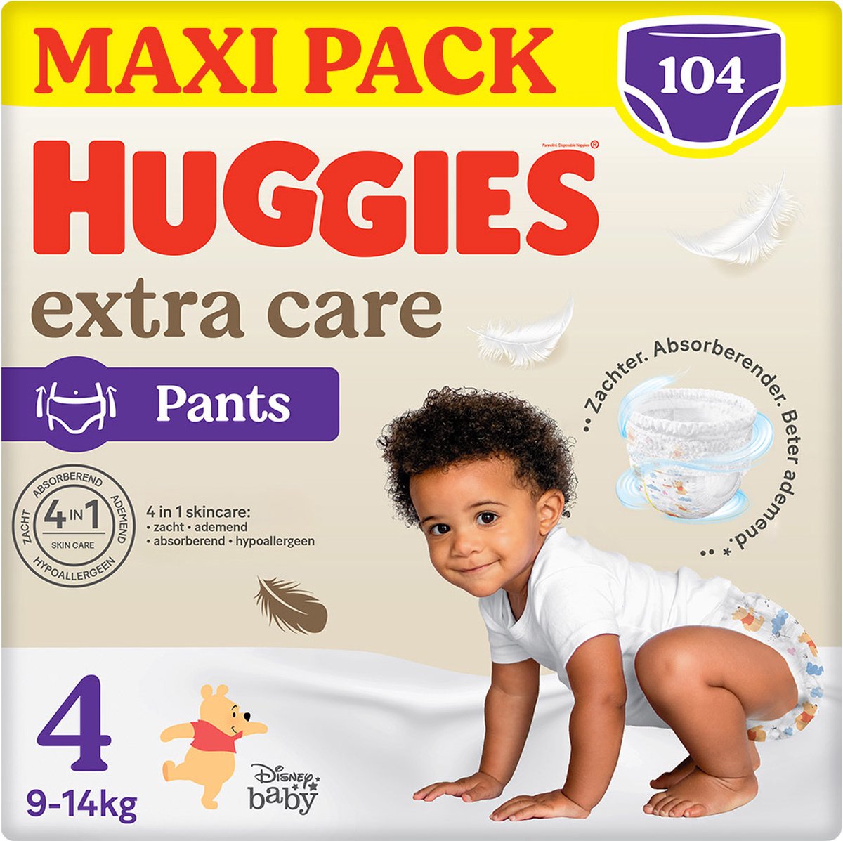 Couches-culottes pour bébé Huggies ® extra care, taille 4 (9 à 14 kg), 104 couches avec ceinture élastique douce et motifs Disney, maxi pack