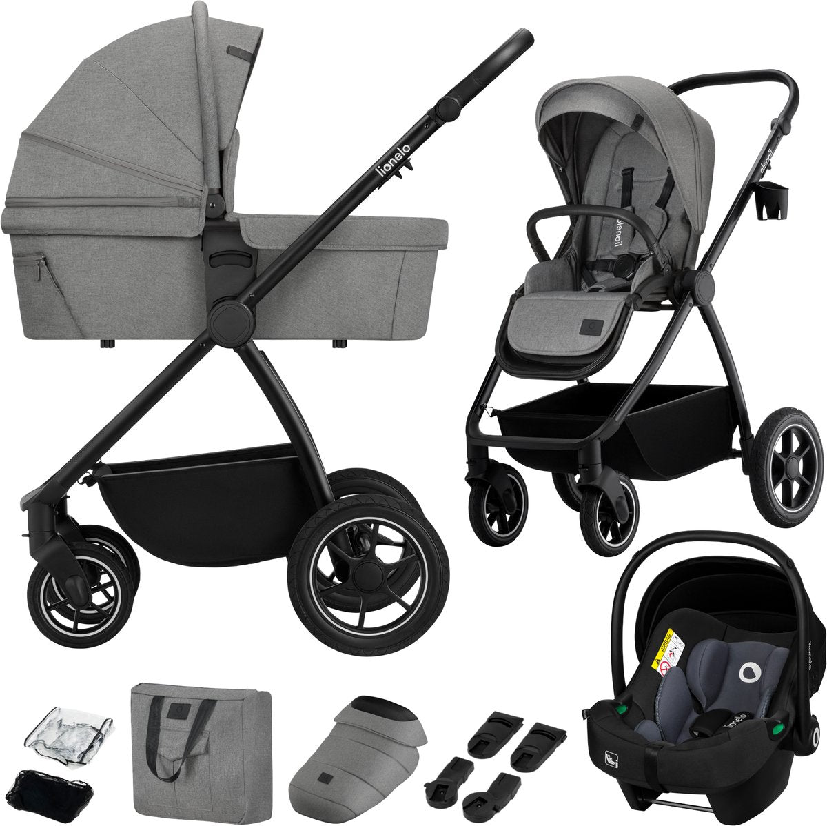 Poussette Lionelo Meril 3en1 - buggy - nacelle XL, poussette siège auto certifié ADAC - roues tout terrain - set d'accessoires complet - UPF50+