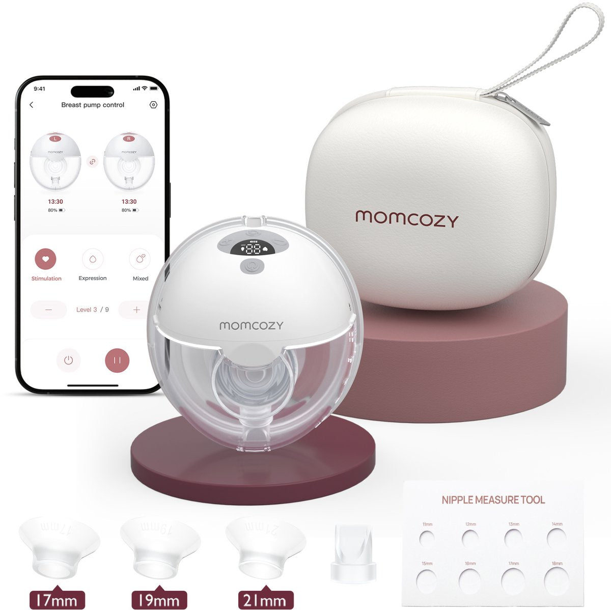 Momcozy m5 smart – tire-lait mains libres – 1 pièce – électrique – silencieux compact – avec inserts de téterelle – blanc gris
