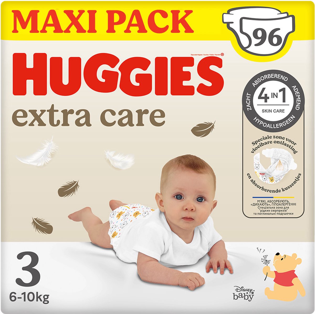 Couches bébé Huggies ® extra care, taille 3 (6 à 10 kg), 96 couches avec indicateur d'humidité et motifs Disney, maxi pack