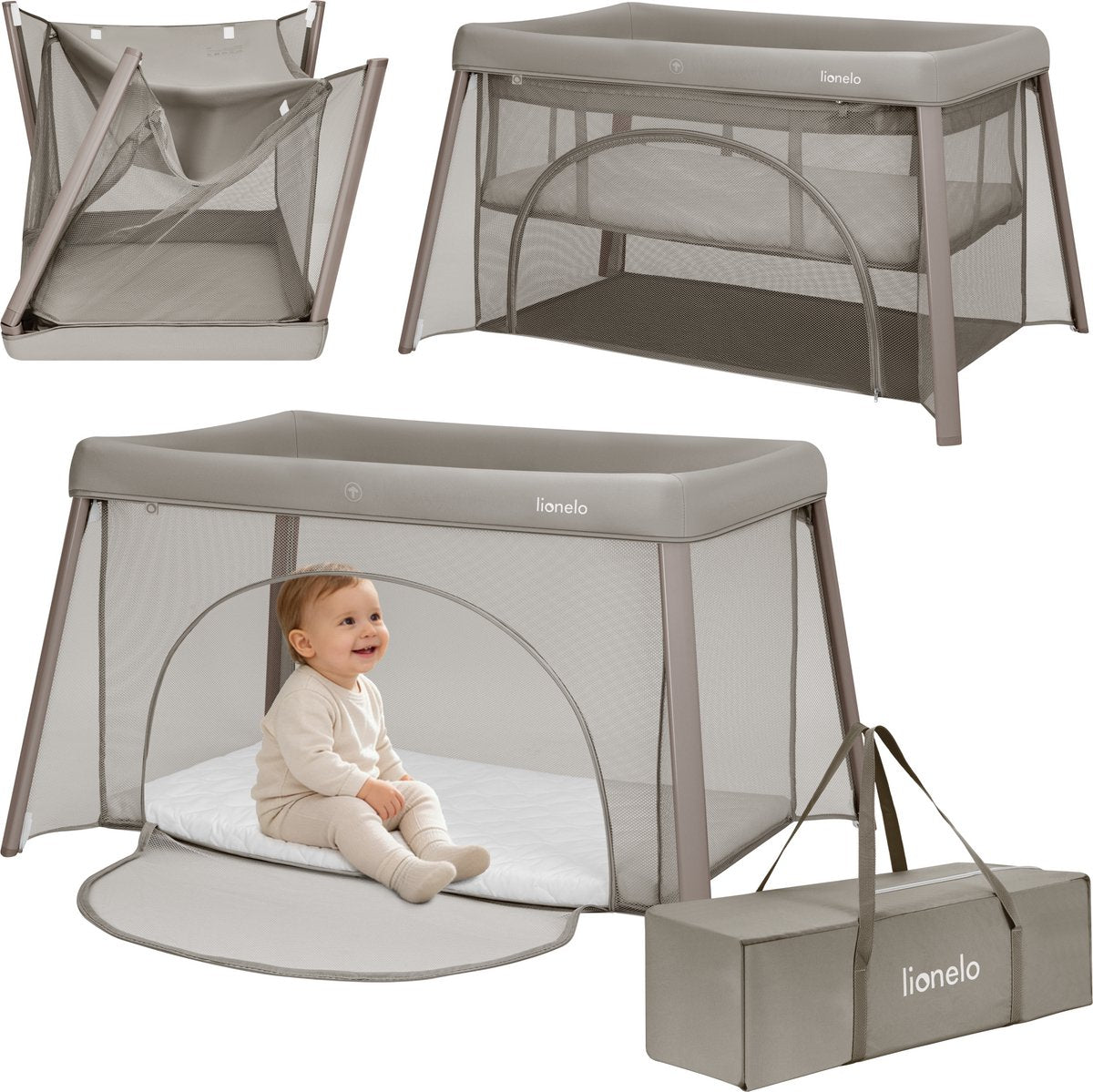 Lionelo Mila – Lit de camping voyage 2 en 1 – léger – 2 positions en hauteur – matelas T25 de 4 cm – ventilation en maille à 360° – pliage compact et rapide – entrée latérale avec fermeture éclair – sac de transport inclus – housse amovible et lavable