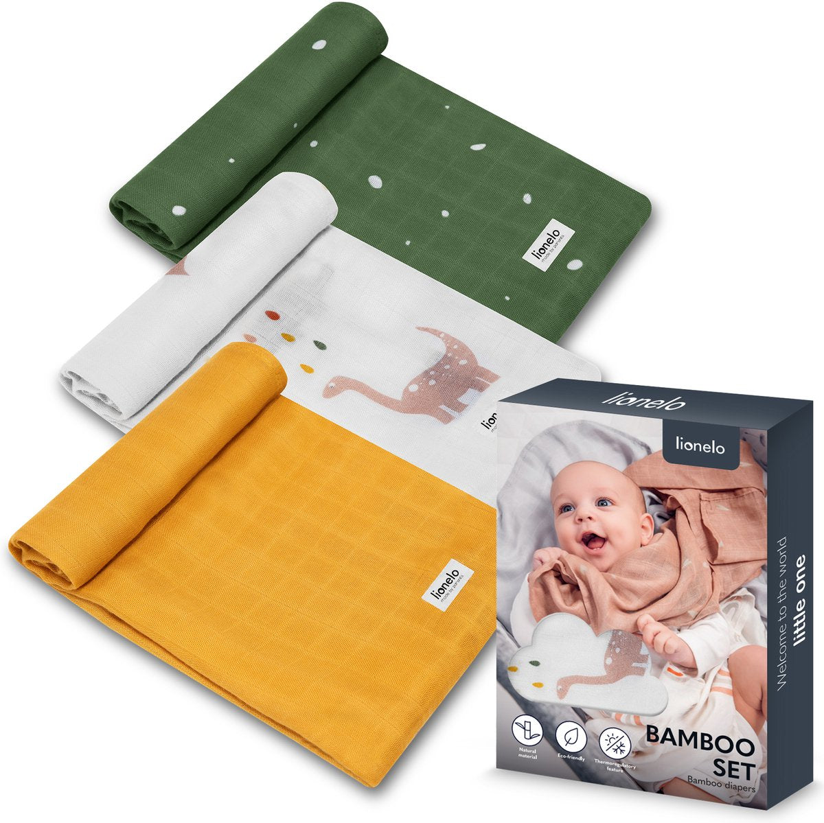 Ensemble Lionelo bambou - Couches 100% coton bambou - lot de 3 pièces - 70 x 70 cm - hypoallergénique - antibactérien - thermorégulateur - respirant doux - multicolore - lavable - dès la naissance