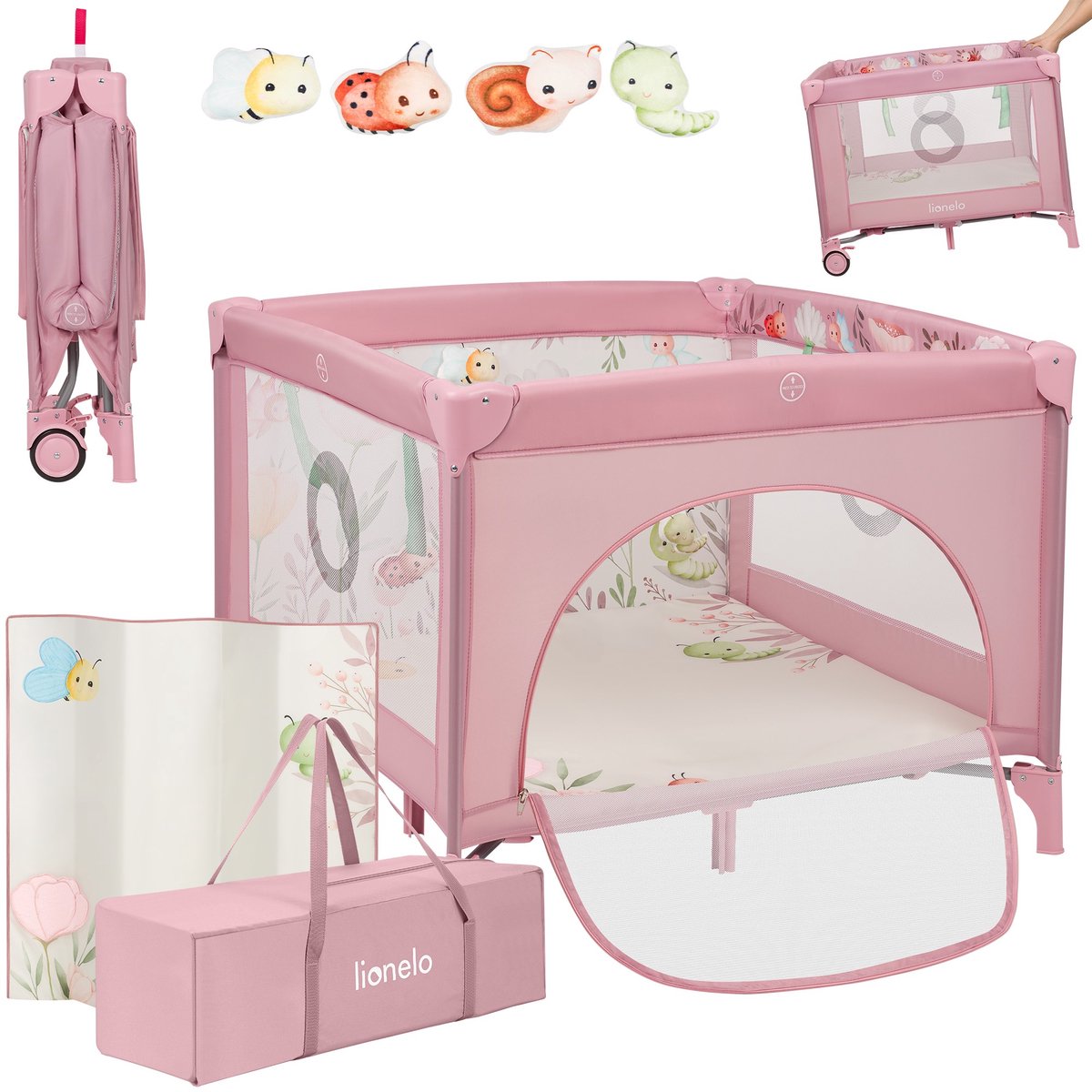 Parc Lionelo mille plus 0-36 mois – parc bébé avec matelas en mousse T25, jouets éducatifs, poignées pour apprendre à se tenir debout, mobile pliable, porte latérale avec fermeture éclair – parc pour la maison et les voyages
