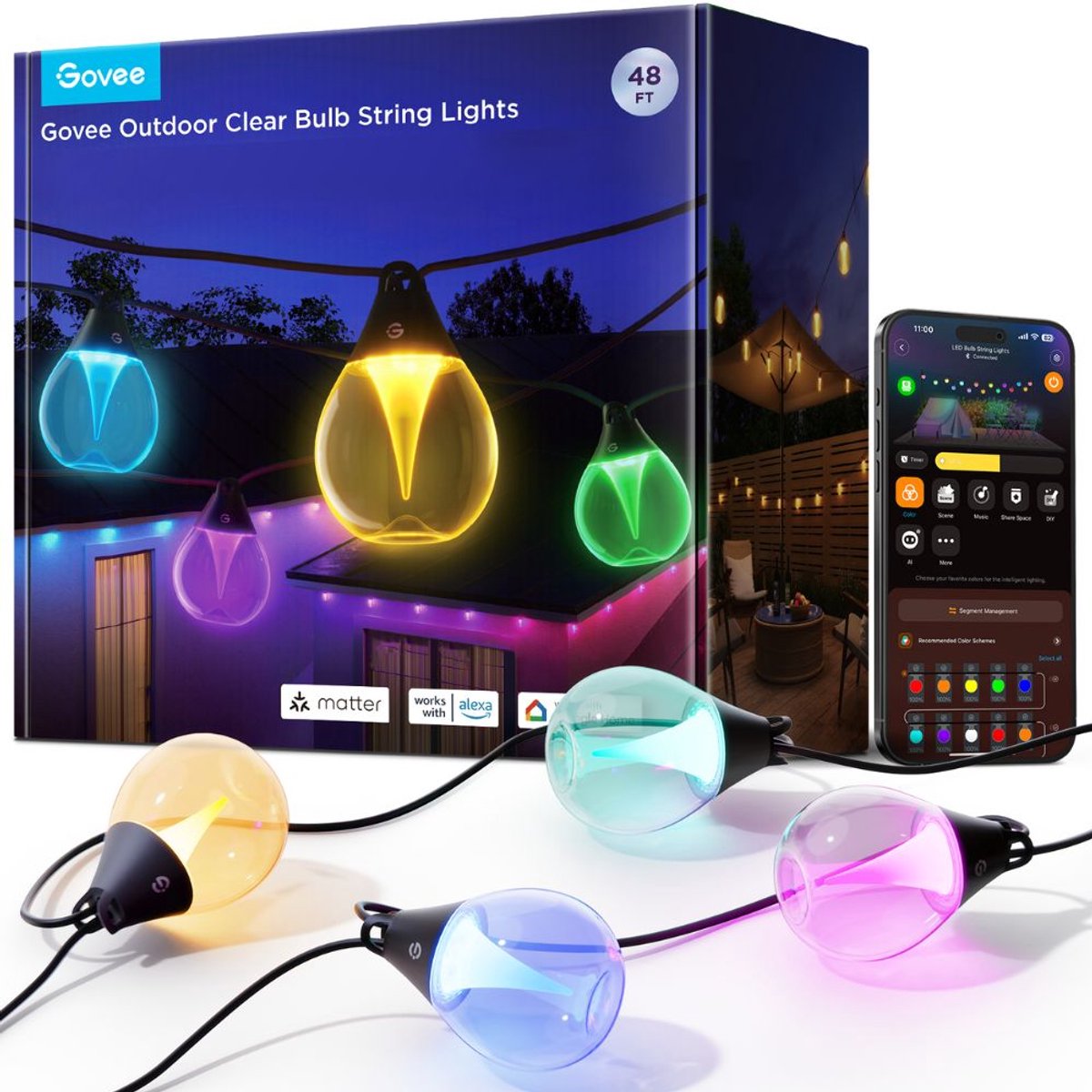 Govee extérieur clair ampoule chaîne lumières éclairage extérieur intelligent rgbww matière