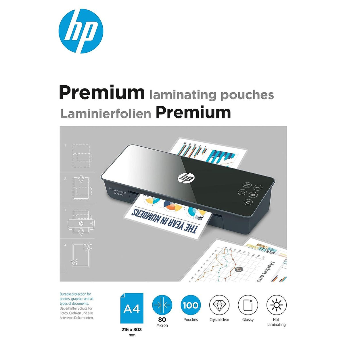 HP 9123 films de plastification premium a4 - pochettes de plastification pour plastification à chaud - brillant - 80 microns - 100 pièces