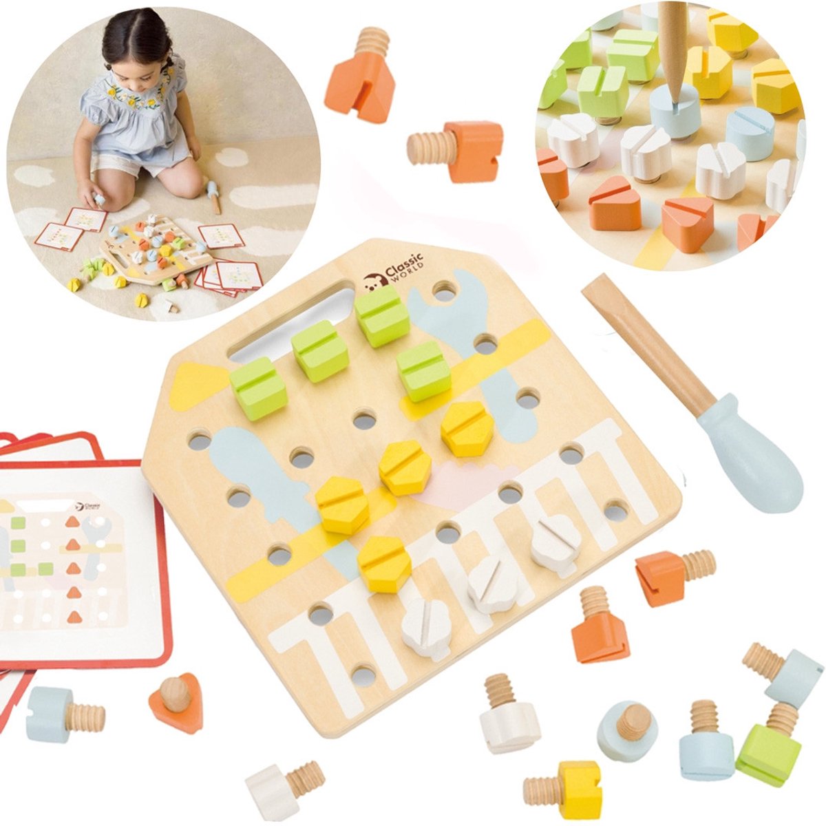 Planche à vis en bois du monde classique, jouets éducatifs, 27 pièces.