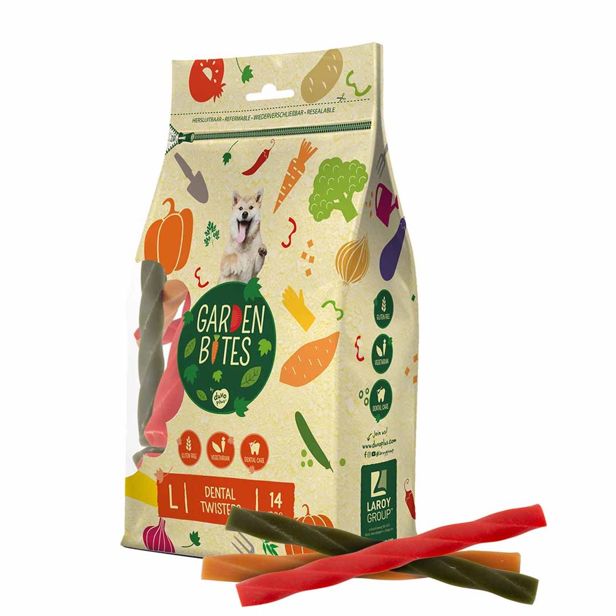 Garden Bites duvoplus - snacks pour chiens twisters dentaires - friandises pour chiens - végétarien sans gluten - grand 14pcs