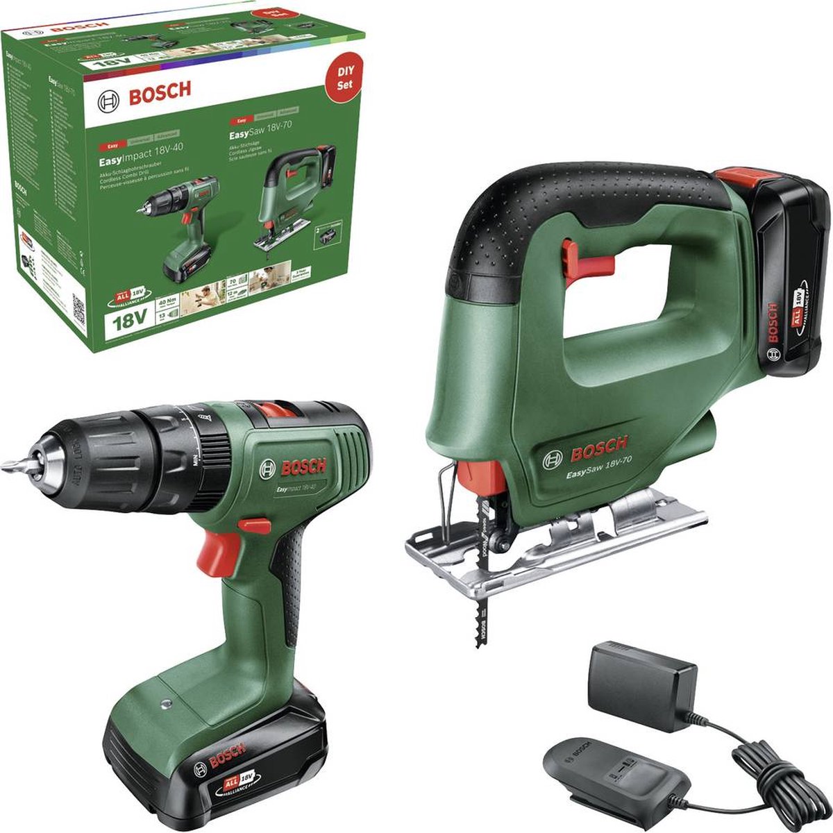 Perceuse-visseuse sans fil Bosch avec fonction impact + kit d'outils scie sauteuse 18v (2 batteries)