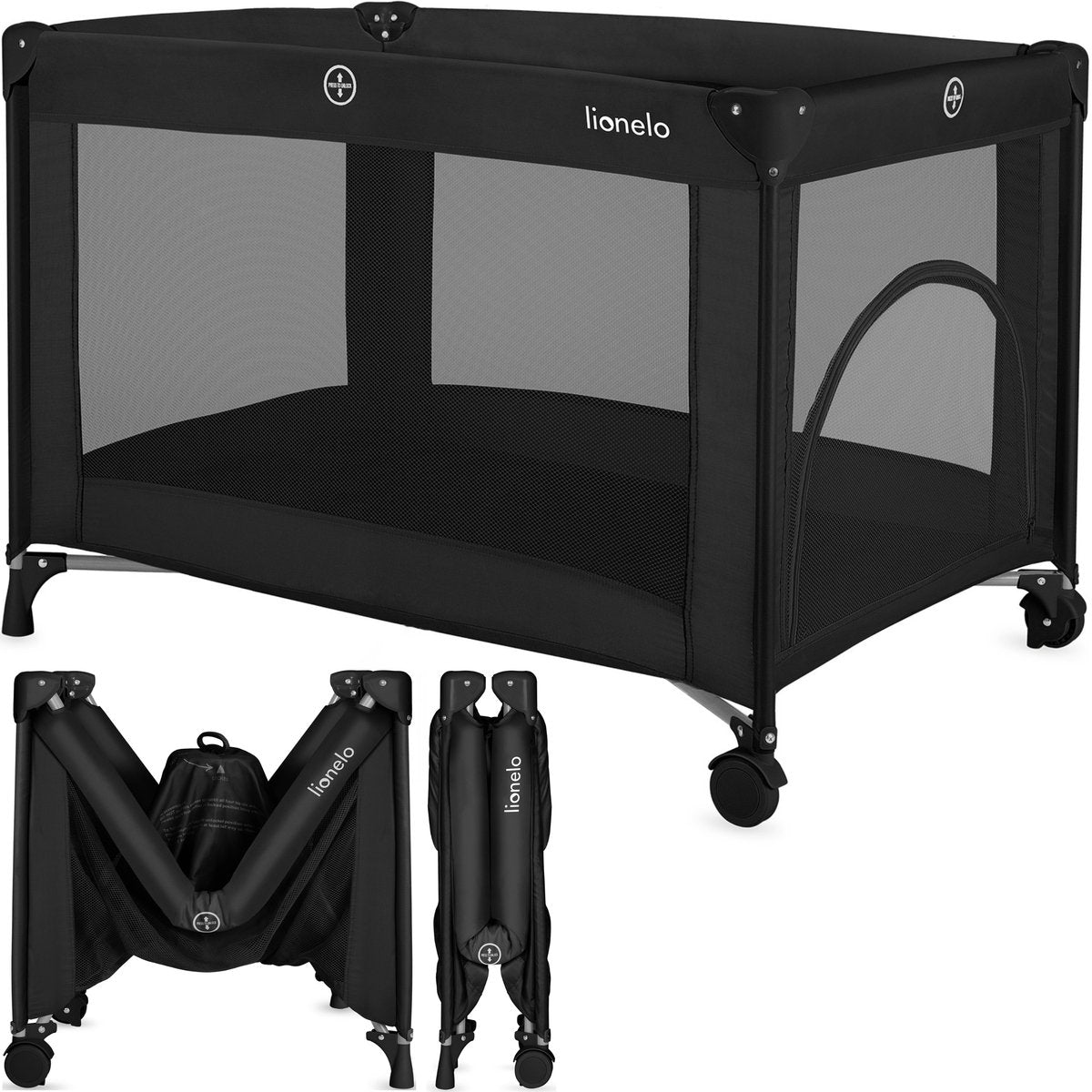 Lit de camping Lionelo Amelie 3en1 : lit bébé + lit parapluie + parc – avec matelas confortable – compact et léger – entrée latérale – sac de voyage – 70x100 cm