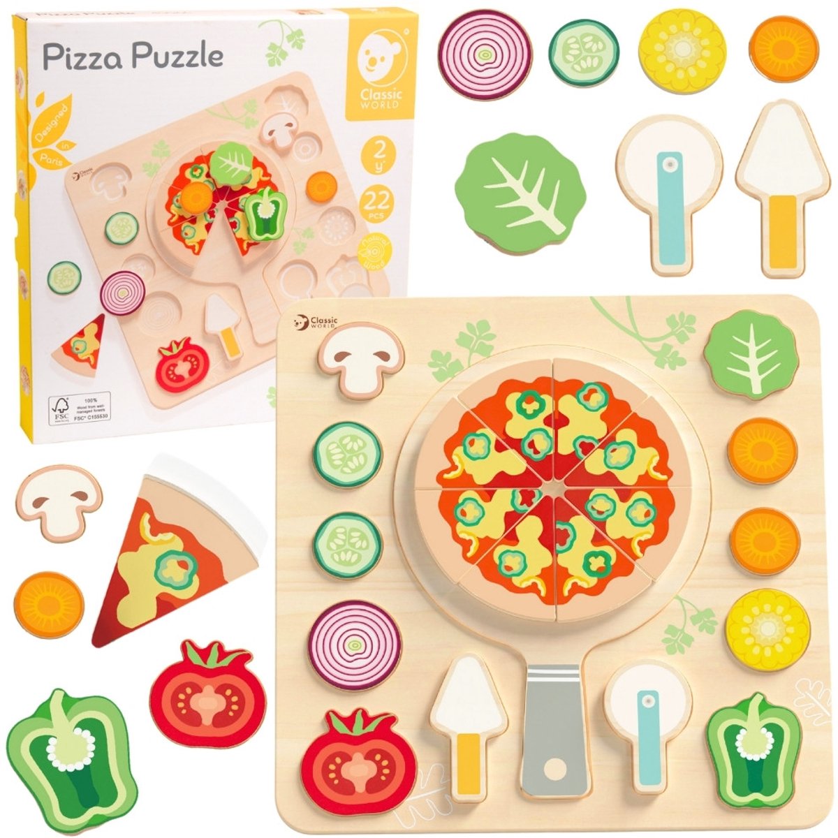 Puzzle en forme de jouet en bois du monde classique, pizza 22 pièces éducatives.