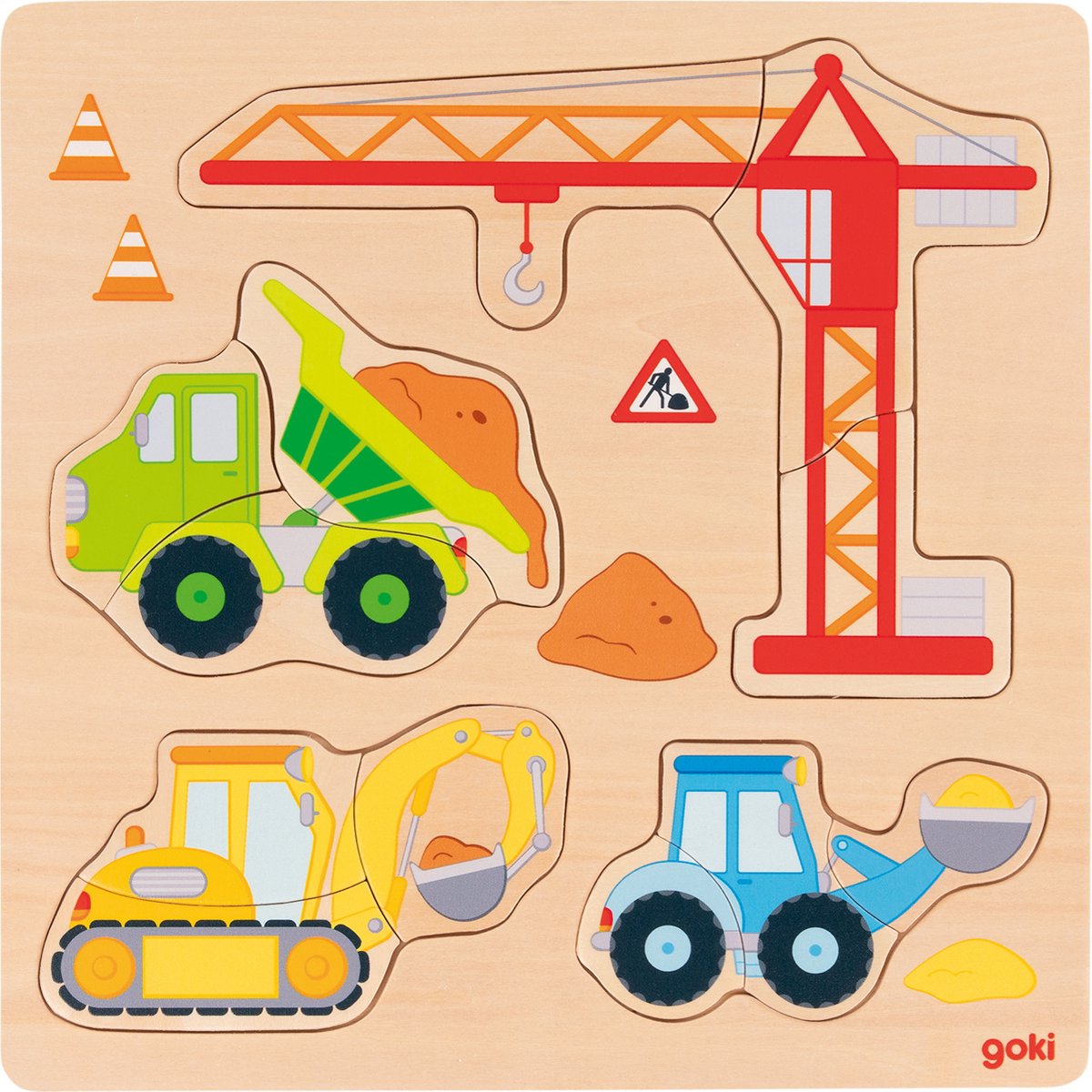 Puzzle à insérer Goki - véhicules de construction - 12 pièces - bois - 2 ans