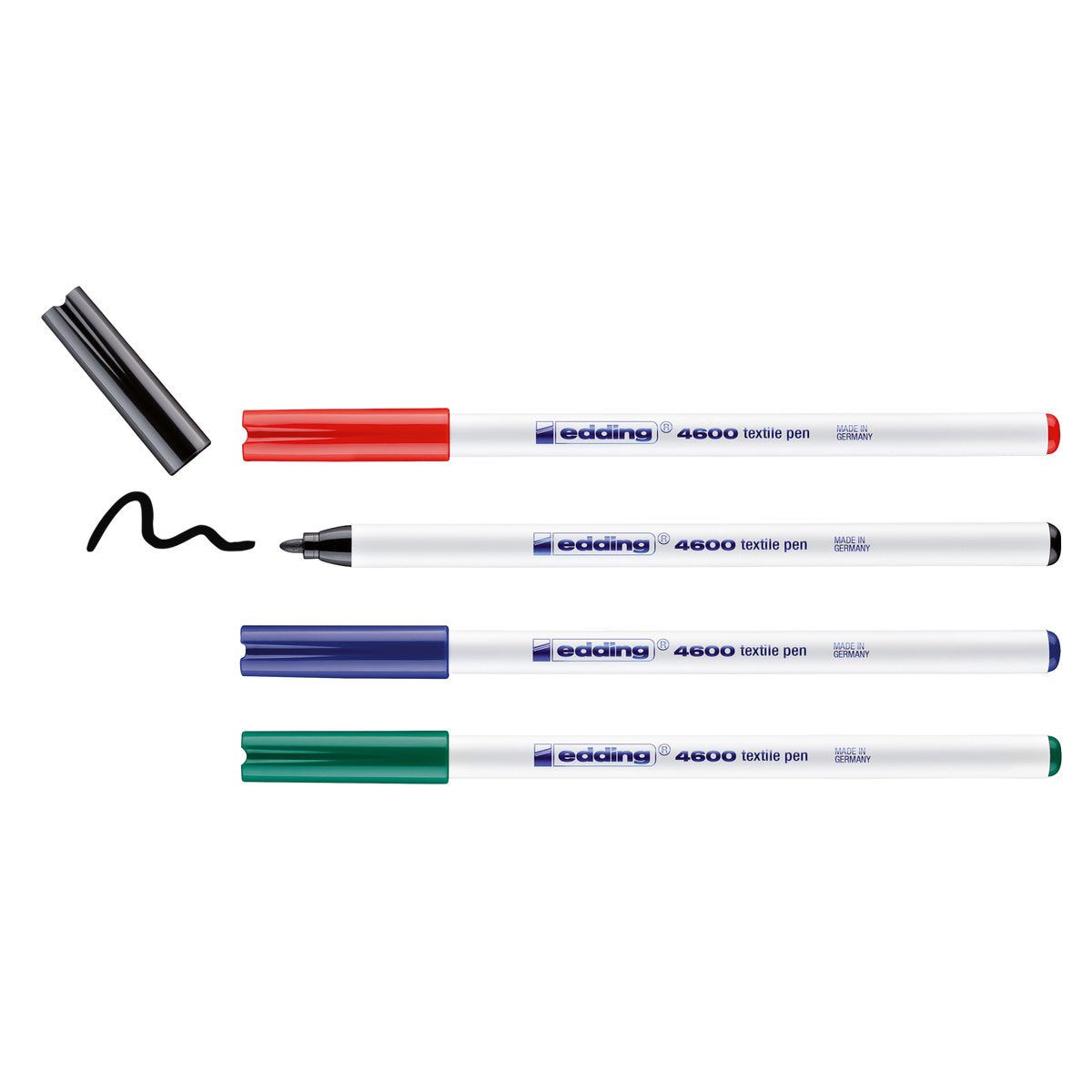 Marqueur textile Edding 4600 - noir, rouge, bleu, vert - pointe ronde 1 mm - 4 marqueurs - décorer les vêtements - marqueurs textiles lavables en machine (60°c) pour dessiner sur textiles - lavables en machine après repassage