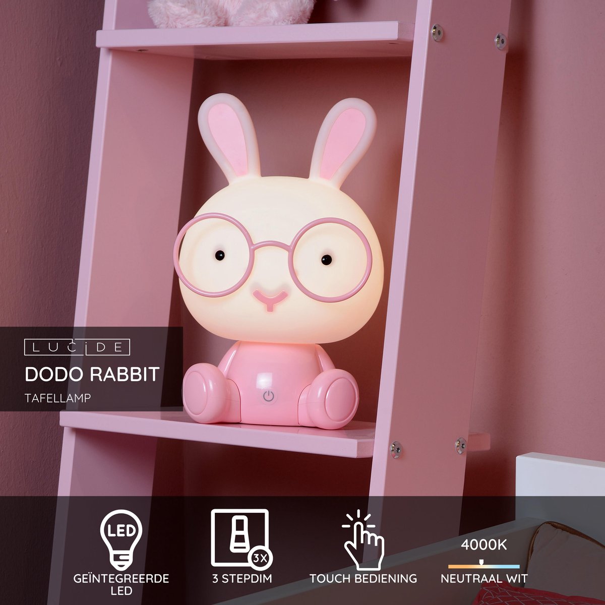 Lucide dodo lapin - lampe de table chambre d'enfant - led 3 stepdim - 1x3w 4000k - rose