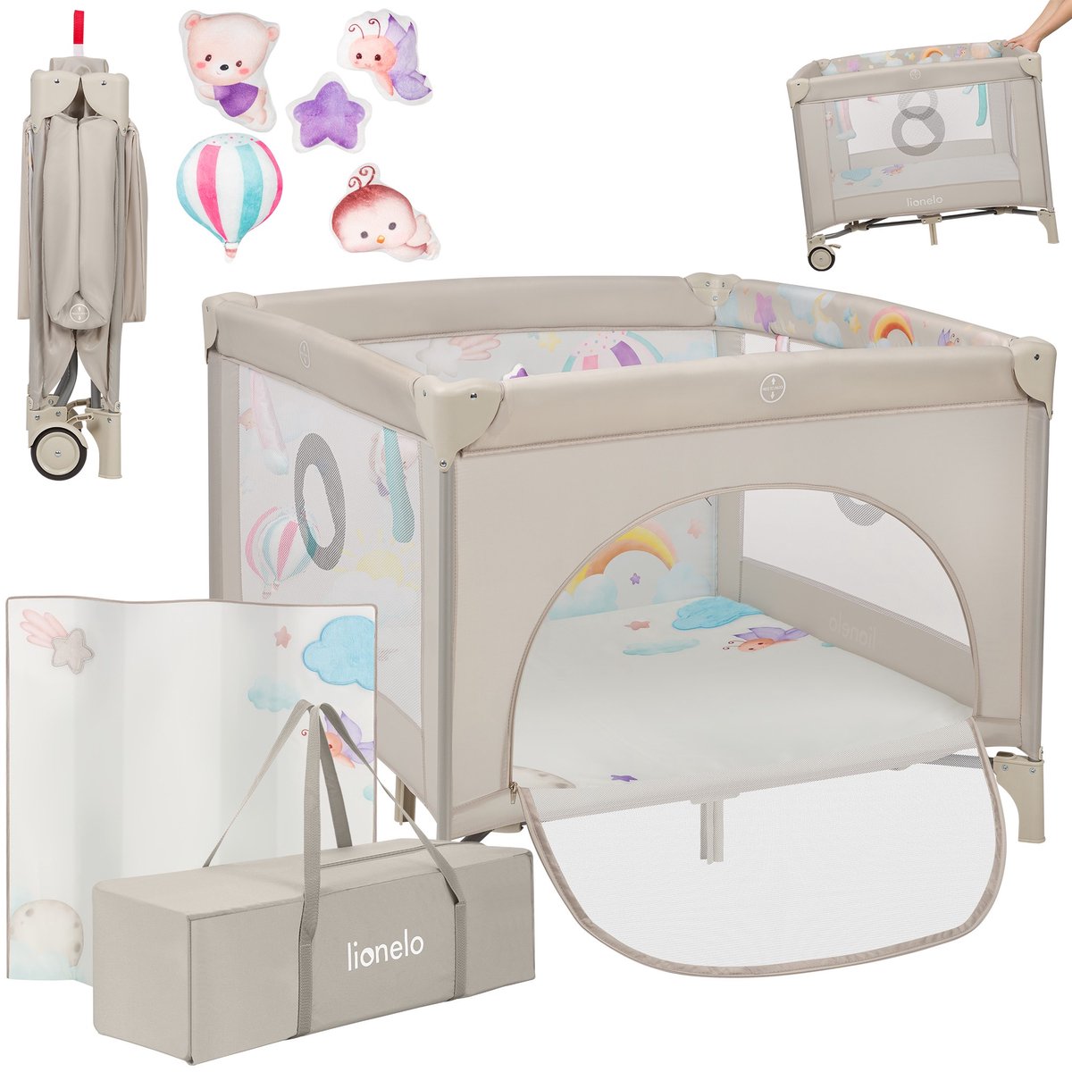 Parc Lionelo mille plus 0-36 mois – parc bébé avec matelas en mousse T25, jouets éducatifs, poignées pour apprendre à se tenir debout, mobile pliable, porte latérale avec fermeture éclair – parc pour la maison et les voyages