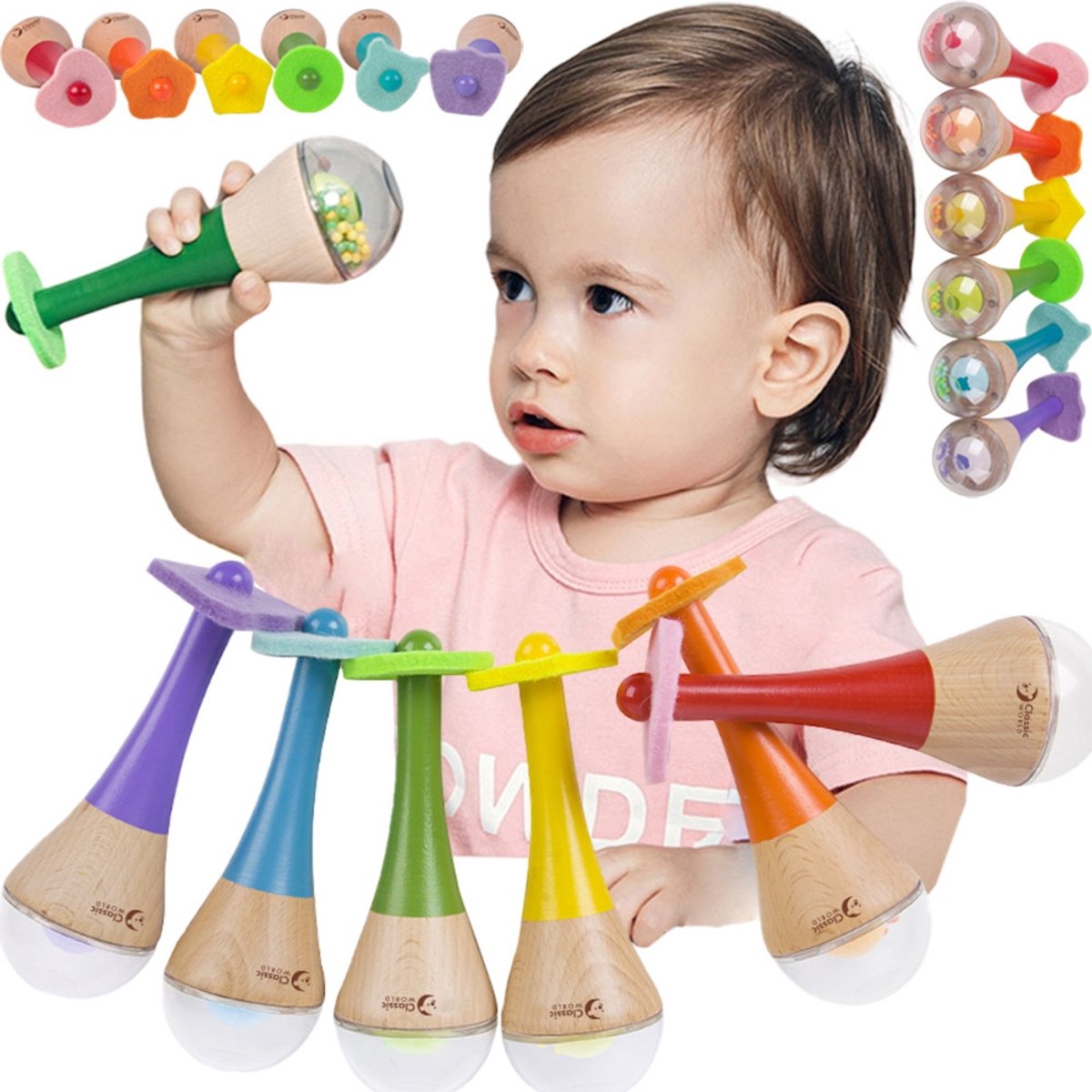 Hochet du monde classique 2 en 1, instrument de maracas arc-en-ciel en bois 1 pièce. - université