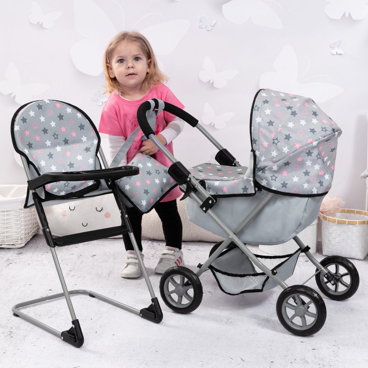 Bayer design ensemble de landau pour poupée confortable, pliable, poignée souple, avec chaise haute, sac, gris