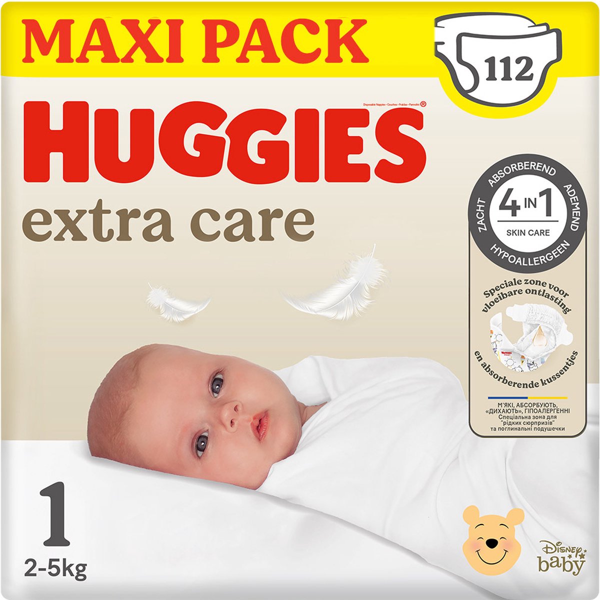 Couches bébé Huggies ® extra care, taille 1 (2 à 5 kg), 112 couches avec indicateur d'humidité et motifs Disney, maxi pack