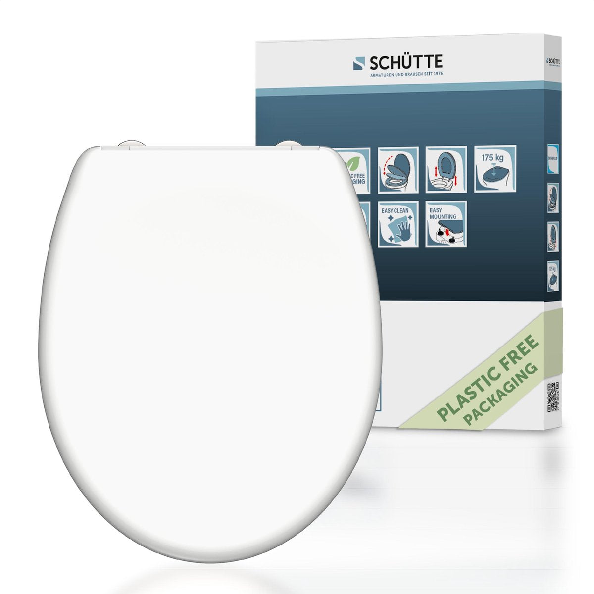 Abattant WC Schütte 82300 blanc - duroplast - fermeture amortie - cliquable - charnières en acier inoxydable - capacité de charge jusqu'à 175 kg - laqué - blanc