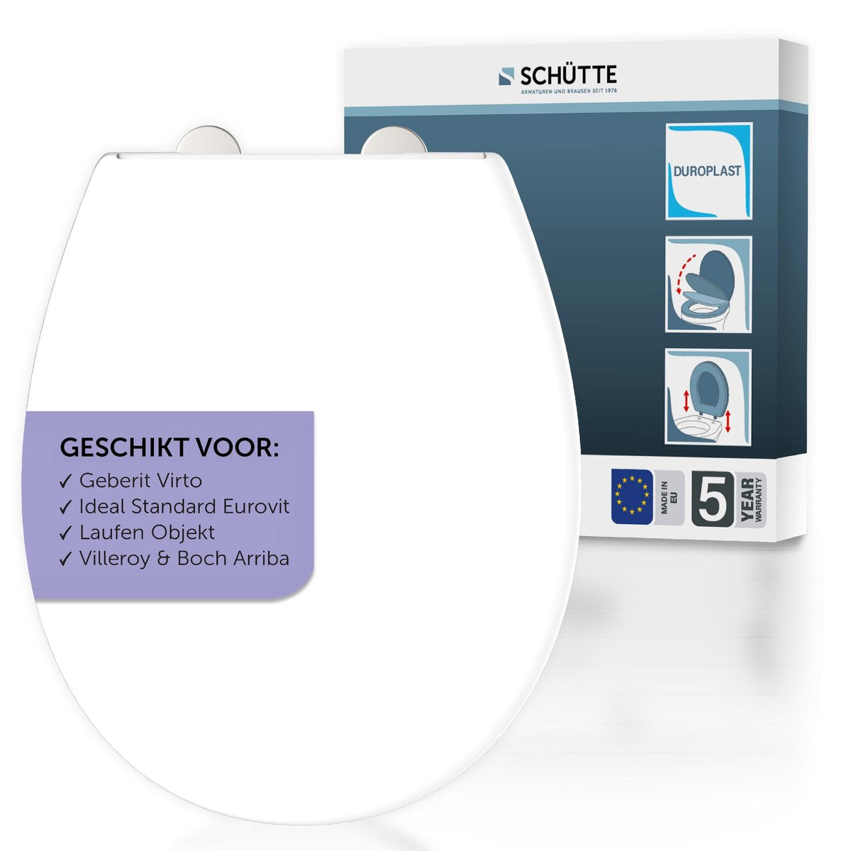Abattant WC Schütte 82800 pro 1 - frein de chute - amovible - convient pour Geberit Virto, Ideal Standard Eurovit, Laufen Objekt, Villeroy Boch Arriba - capacité de charge jusqu'à 250 kg