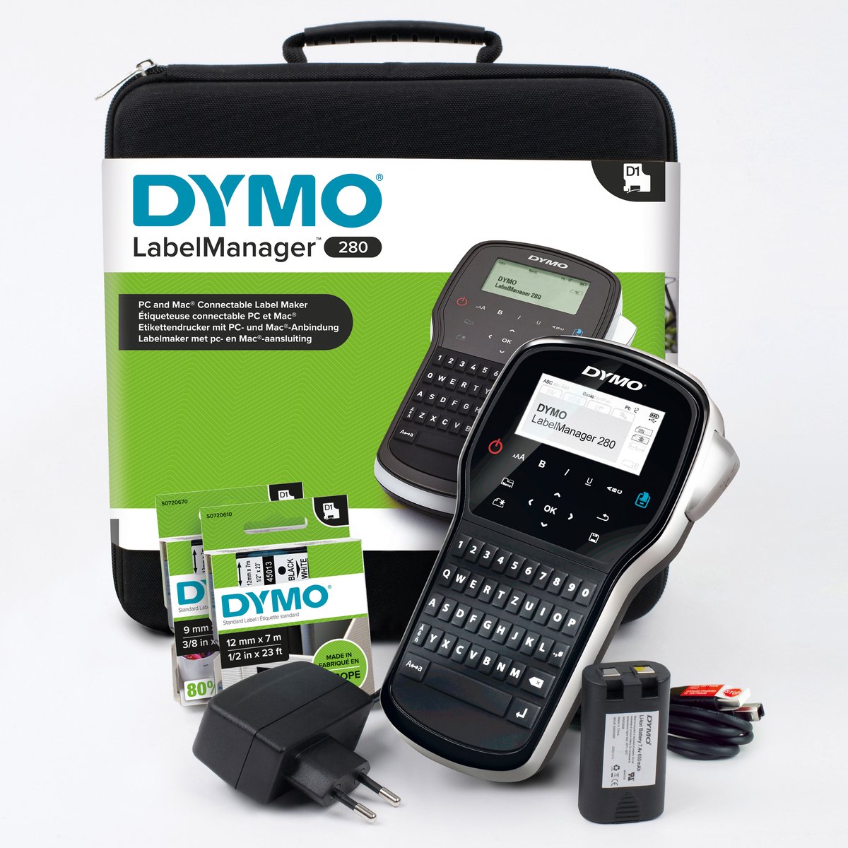 Kit d'étiqueteuse portable rechargeable Dymo Label Manager 280 | clavier qwerty | avec 2 rouleaux d'étiquettes d1 et une mallette de transport