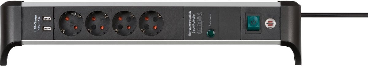 Multiprise de protection contre les surtensions Brennerstuhl alu-office-line 60 000a avec fonction de chargement USB 4 voies 1,8 m h05vv-f 3g1.5