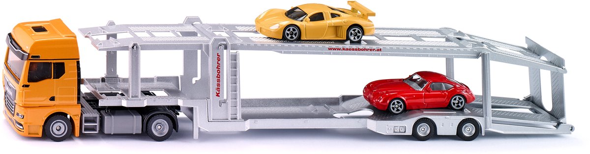 Siku 3944, transporteur de voitures pour homme, 1:50, incl. 2 petites voitures, métal plastique, orange argent, remorque amovible, plateforme abaissable