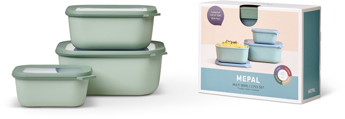 Mepal - multikom cirqula vershouddoos set - 750 + 1500 + 3000 ml - rechthoekig - nordig sage