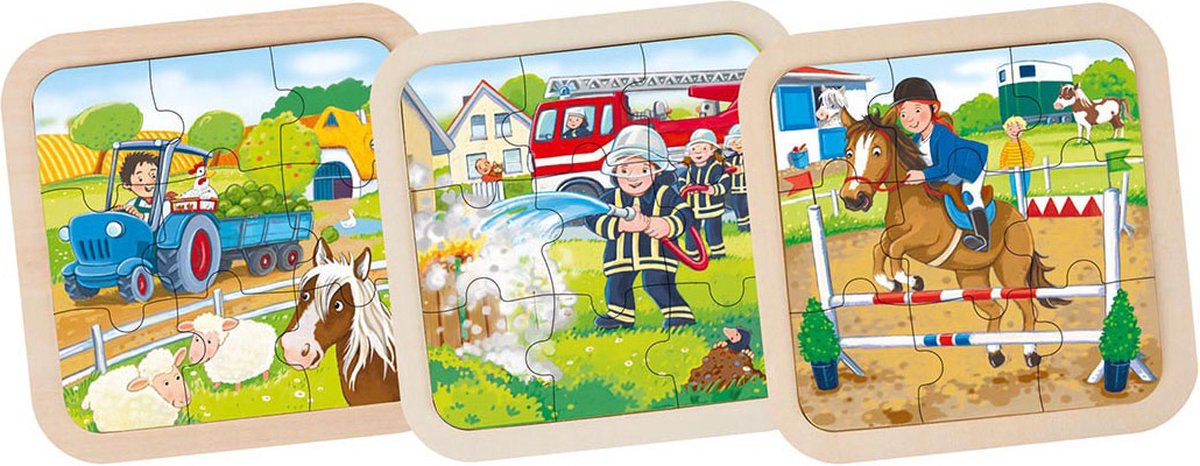 Goki Wooden Jigsaw Puzzle Farm, pompiers, cheval, 9e.