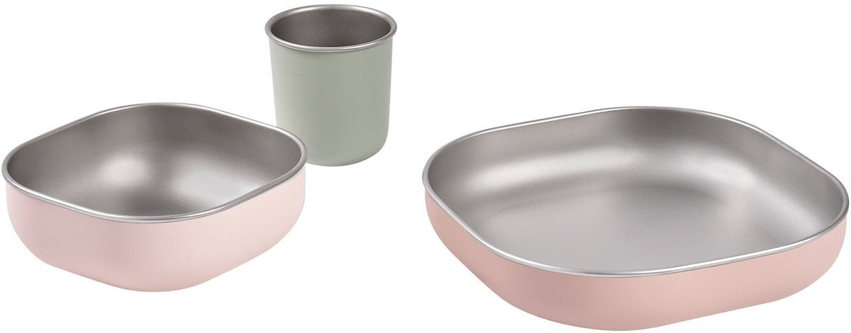 Béaba service repas inox – assiette, bol tasse – inox avec couvercle silicone antidérapant – passe micro-ondes – à partir de 4 mois
