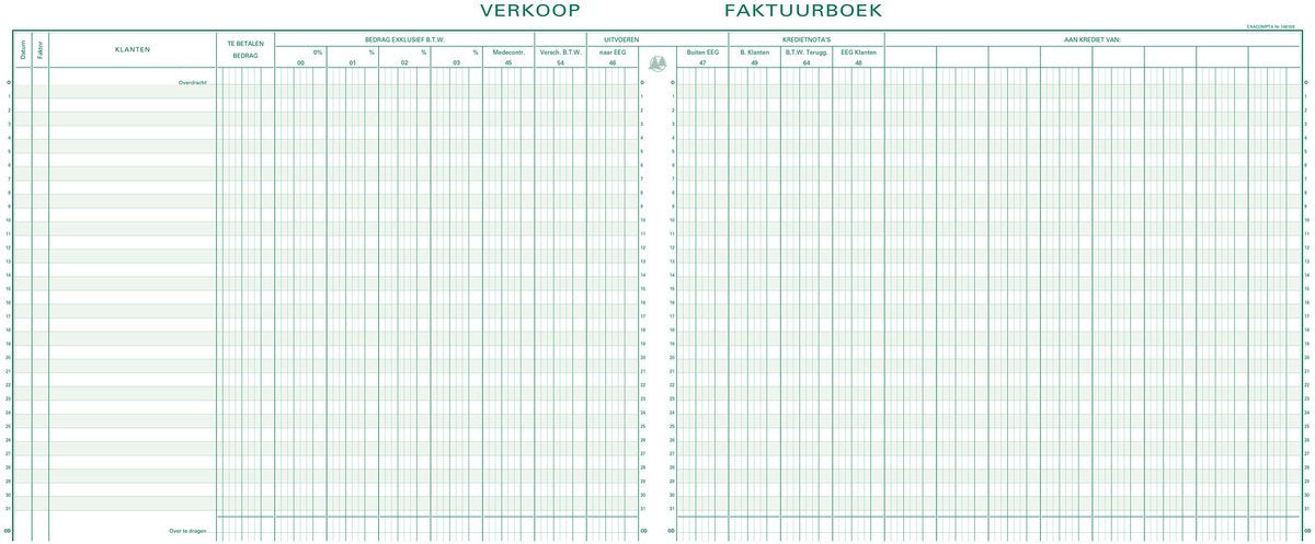Exacompta registre comptable TVA ventes - 31 lignes - numéroté - avec fiche d'identification - néerlandais - relié - 80 pages - - 14610x