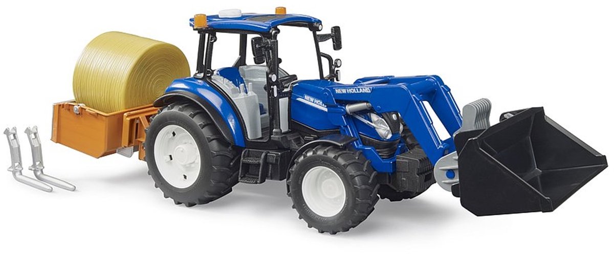 Bruder new holland t5.120 + chargeur frontal, godet, fourches + balles rondes 1:16