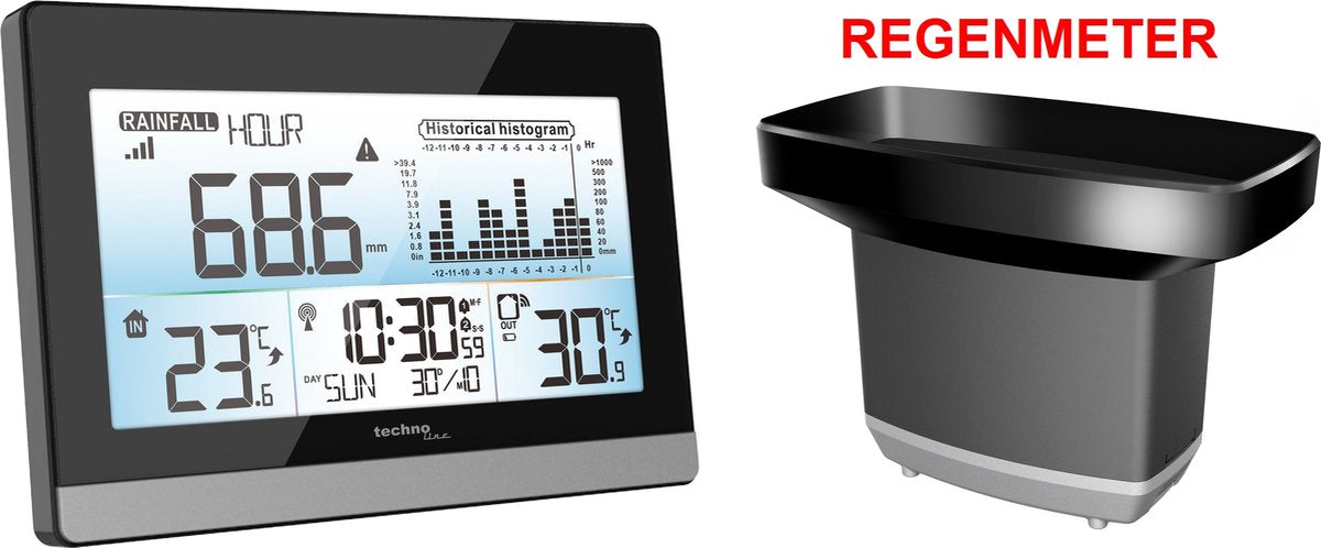 Station météo Technoline - ws 9016 - 180x110x38mm - argent noir - avec pluviomètre - tl-ws9016