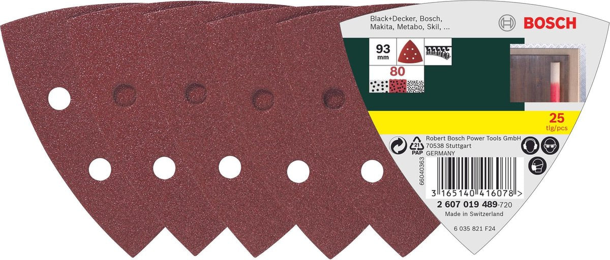 Jeu de feuilles abrasives Bosch 25 pièces pour ponceuses Delta - grain 80