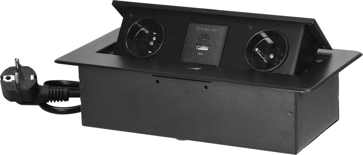 Multiprise de bureau Orno avec USB A C - multiprise escamotable avec 2 prises - fiche de distribution intégrée avec finition en acier inoxydable - boîtier de distribution avec câble de 1,5 mètre - pour max. 3680 watts - broche de terre - noir