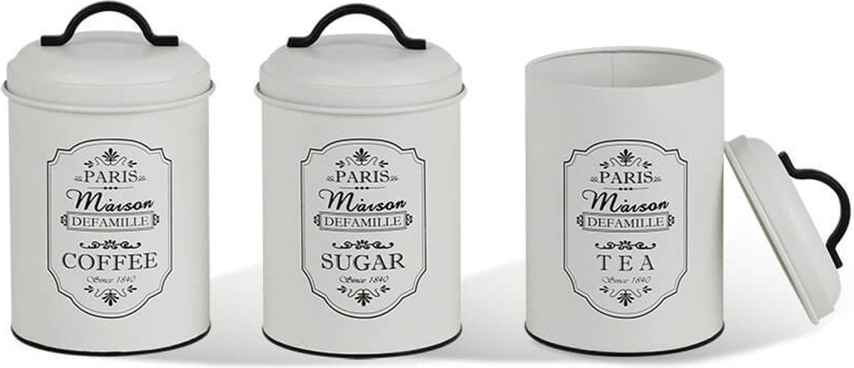Maestro - lot de 3 boîtes de conservation pour : sucre café thé | récipient alimentaire - 3x ø11,3 x 18,5cm blanc noir