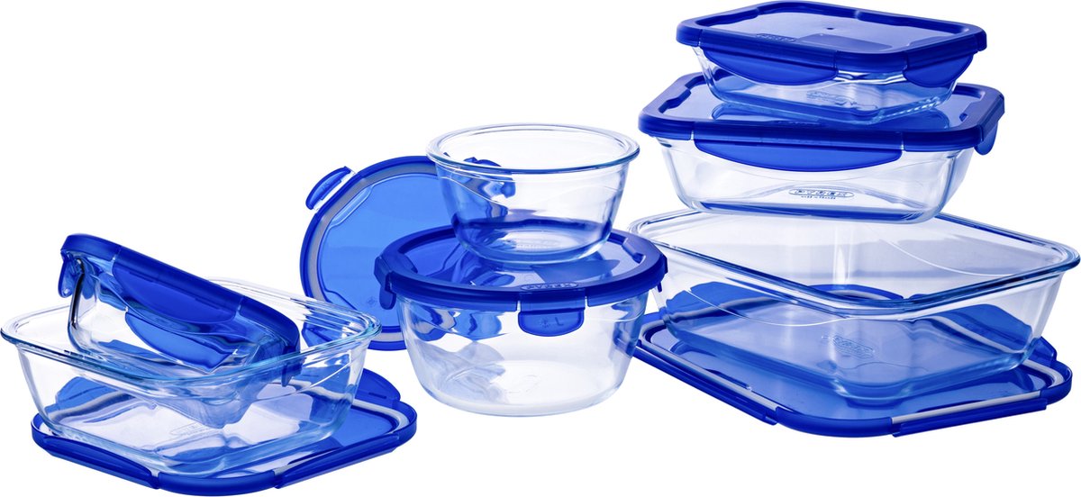 Pyrex - set de bols Cook Go de 7 pièces - verre borosilicate - bleu transparent