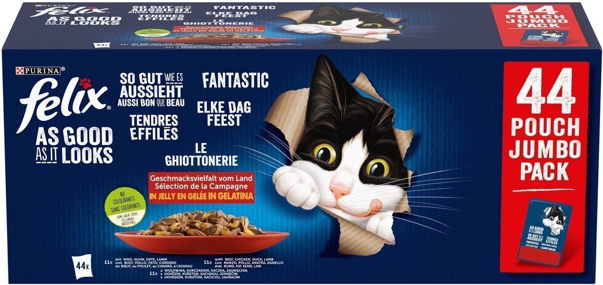 Felix Every Day Party Campagne Selection - Nourriture humide pour chat - Bœuf Poulet Canard Agneau - 44 x 85 g