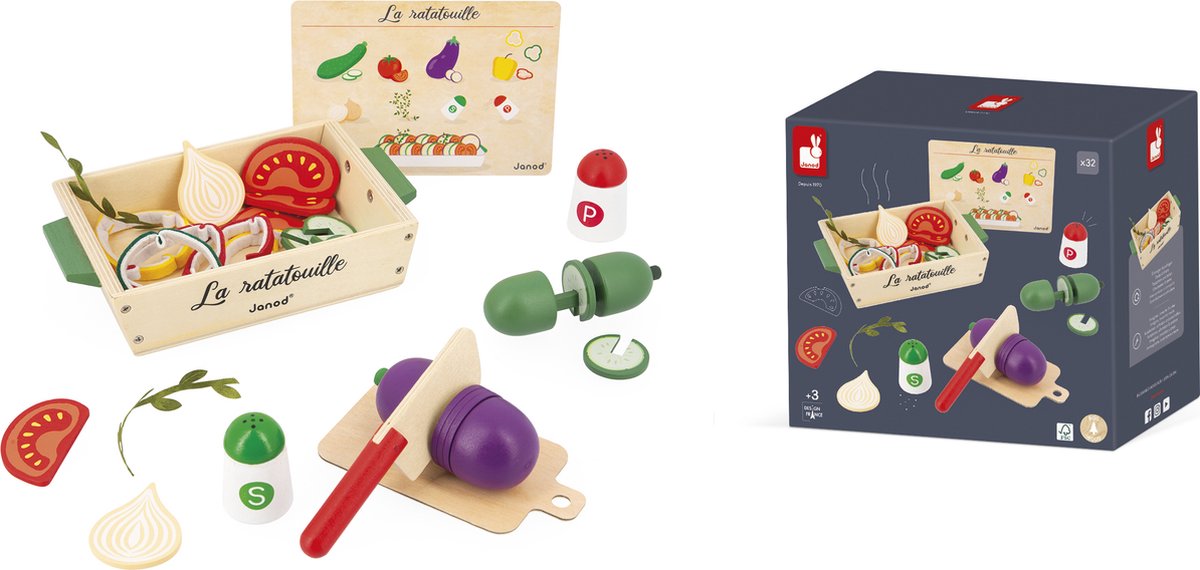 Janod en cuisine - set ratatouille - c'est le moment d'enfiler votre tablier avec ce set de 32 accessoires ! - suivez la recette et réalisez une ratatouille digne d'un chef - fourni avec planche à découper et plat à pâtisserie en bois - dès 3 ans