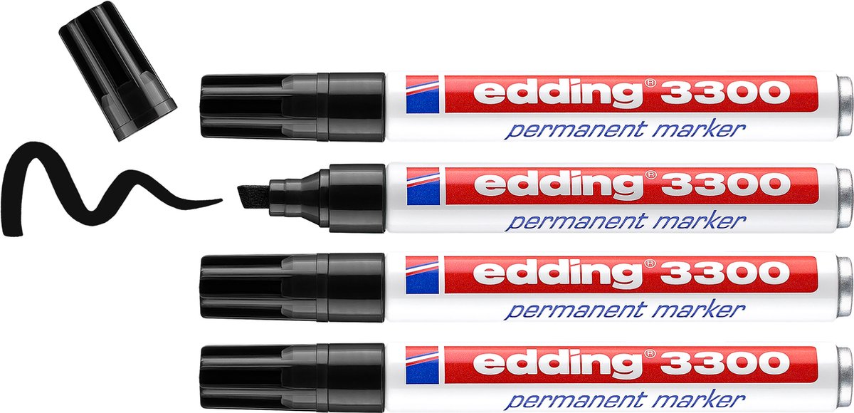 Marqueur permanent Edding 3300 - noir - 4 marqueurs - pointe biseautée 1-5 mm - résistant à l'eau et à l'abrasion - pour carton, plastique, bois, métal... - marqueurs à alcool pour adultes