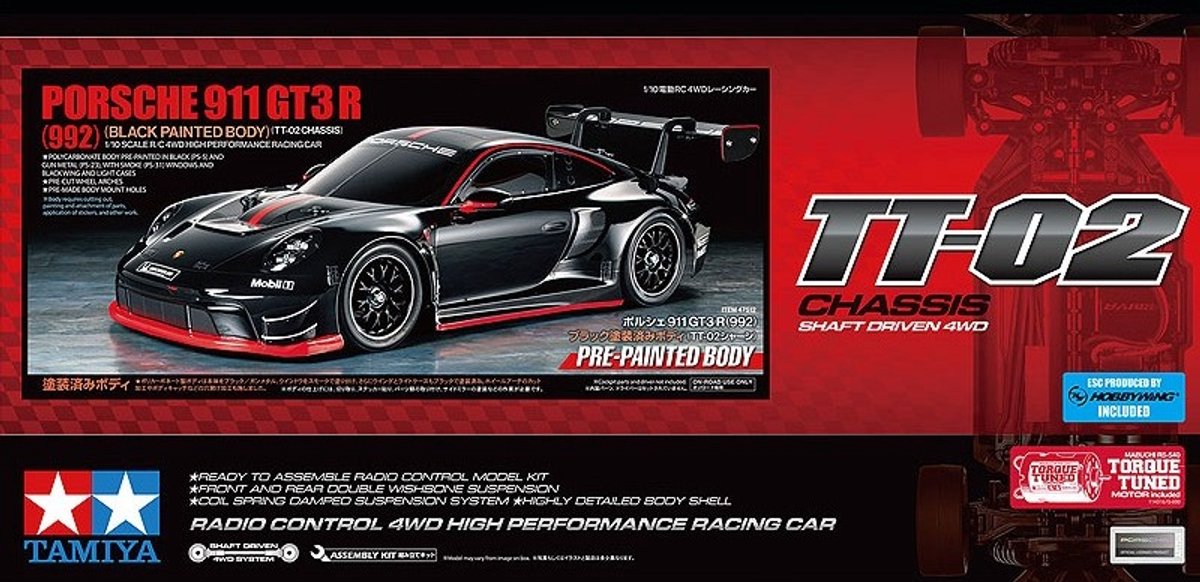 Tamiya modèle kit voiture - 47512 voiture rc - porsche 911 gt3 r (992) - tt-02 - carrosserie pré-peinte rc plastique - 1:10 - modélisme