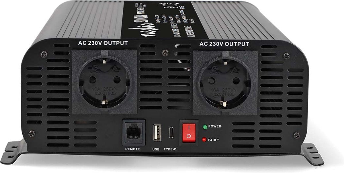 Onduleur de voiture Nedis 2000w – 24v 230v – 2x prise + USB-A USB-C – onde sinusoïdale pure – raccordement à vis – convertisseur de tension