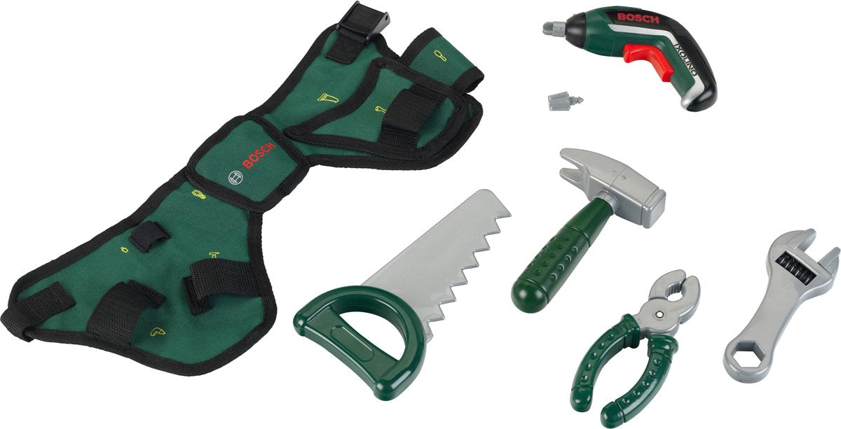Klein Toys Bosch Mini Kit de ceinture à outils - Tournevis sans fil, marteau, pince, scie, clé, tournevis - incl. effets lumineux et sonores - vert rouge