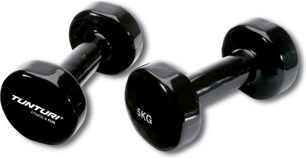 Tunturi dumbbell set - 2 x 5,0 kg - vinyl - zwart - incl. gratis fitness app