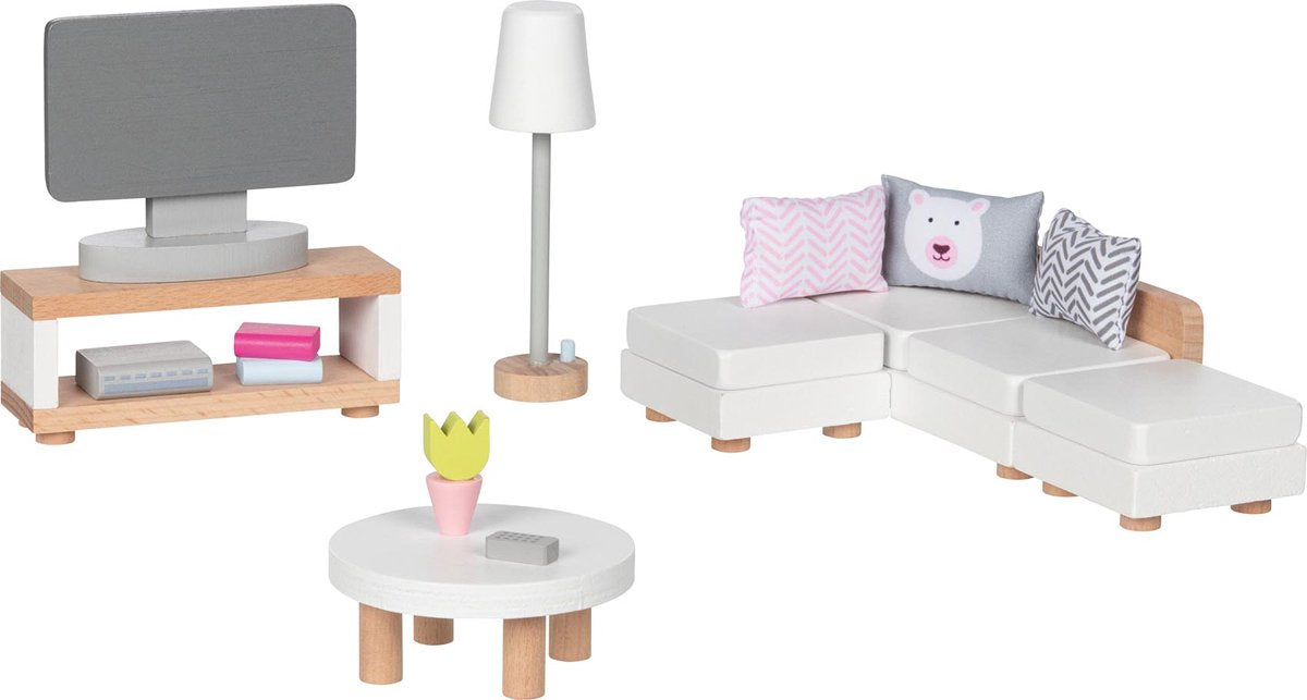 Meubles pour maison de poupée Goki : salon design, 15 pièces, 9,5x3x4cm (meuble télé), bois de hêtre et tissu, 3+